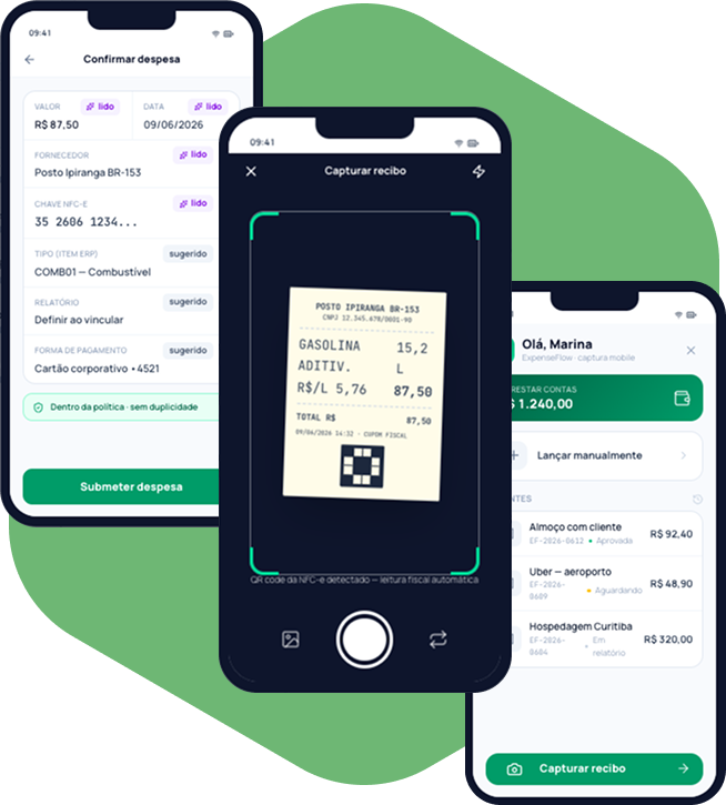 Telas do aplicativo do Expense: captura do recibo, leitura do QR da NFC-e, confirmação da despesa e envio