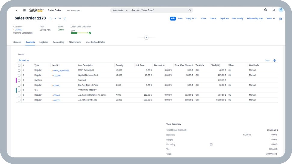 Tela do SAP Business One: visão financeira